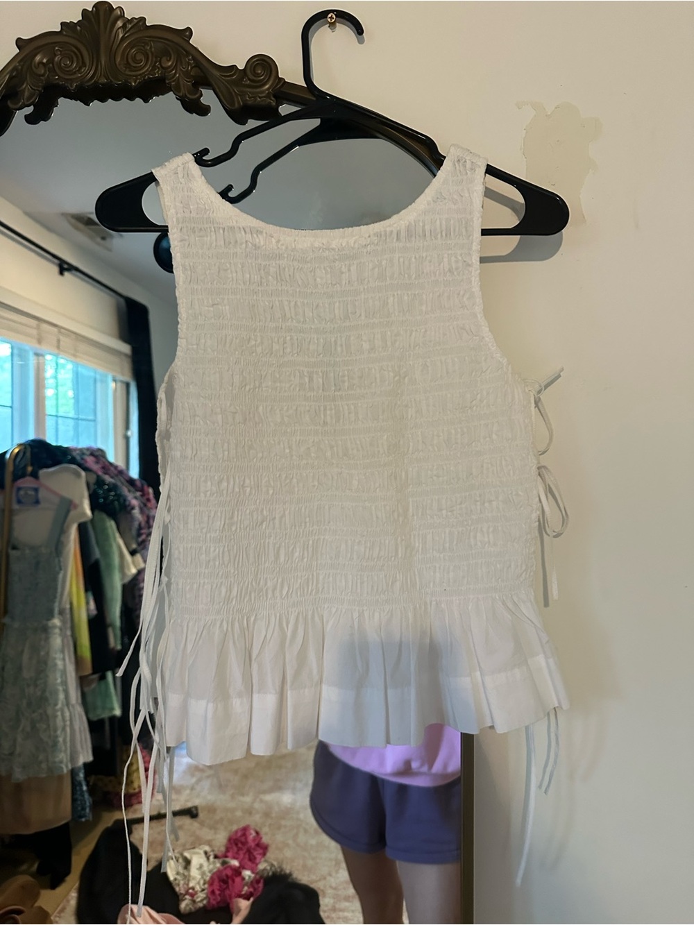 Ganni White Smocked Tank with Ruffle Hem and Side Ties